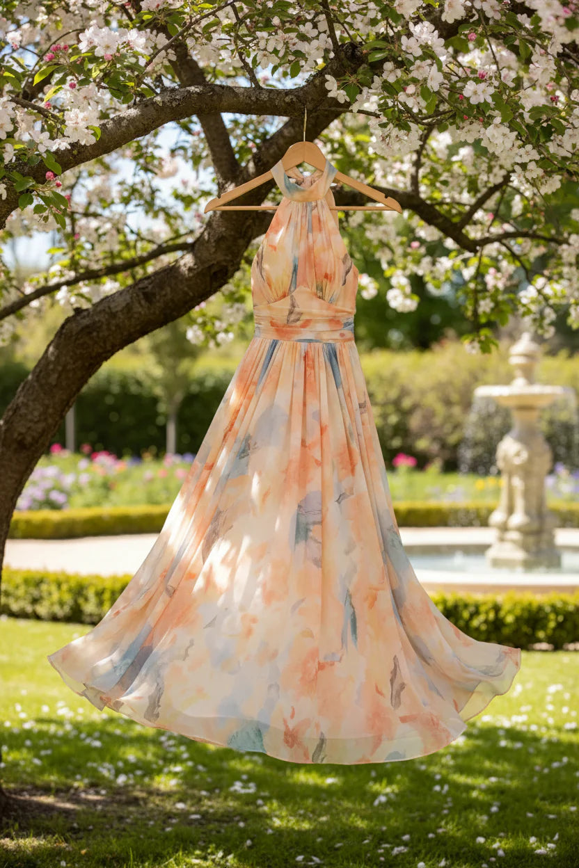 Flowing halter-neck dress in a soft watercolour print with a defined waist.