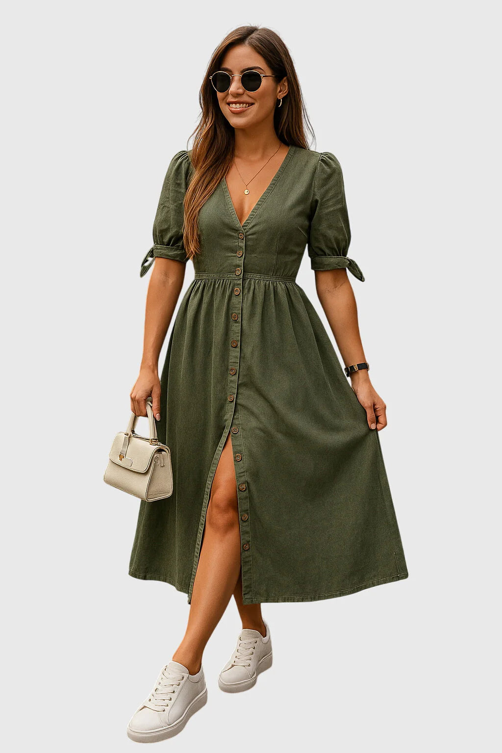 Elevated denim dress with a tailored waist and easy all-day line.
