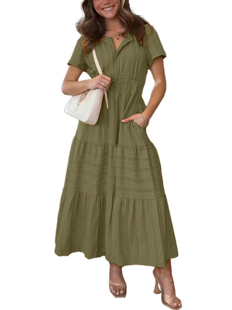 Breezy boho maxi dress in lightweight chiffon with an A-line cut and side pockets.