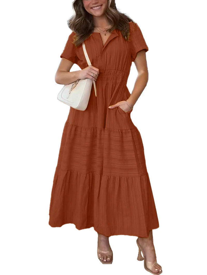 Breezy boho maxi dress in lightweight chiffon with an A-line cut and side pockets.