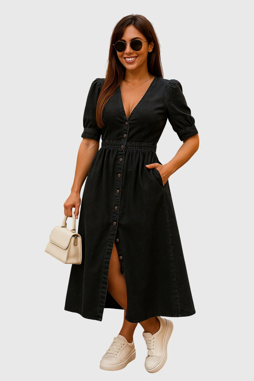 Elevated denim dress with a tailored waist and easy all-day line.