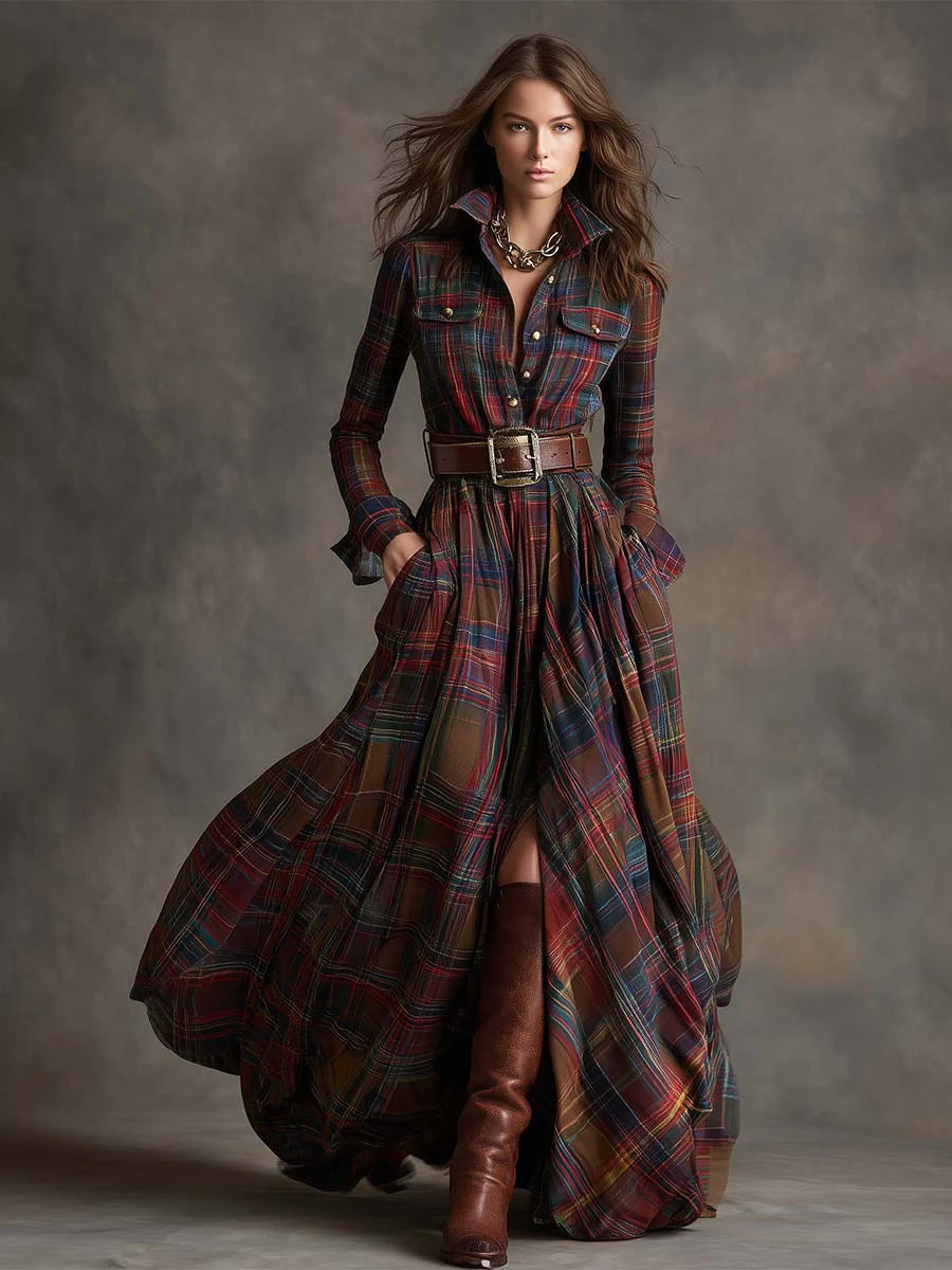 Plaid shirt dress with a button-up bodice, full flowing skirt and matching belt.