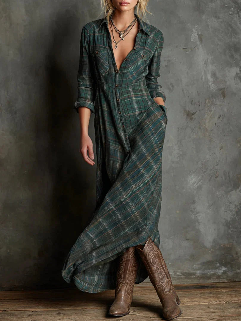 Plaid shirt maxi dress with a lapel collar and single-breasted button front.