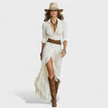 Flowing shirt dress with a cinched waist and fluid movement.