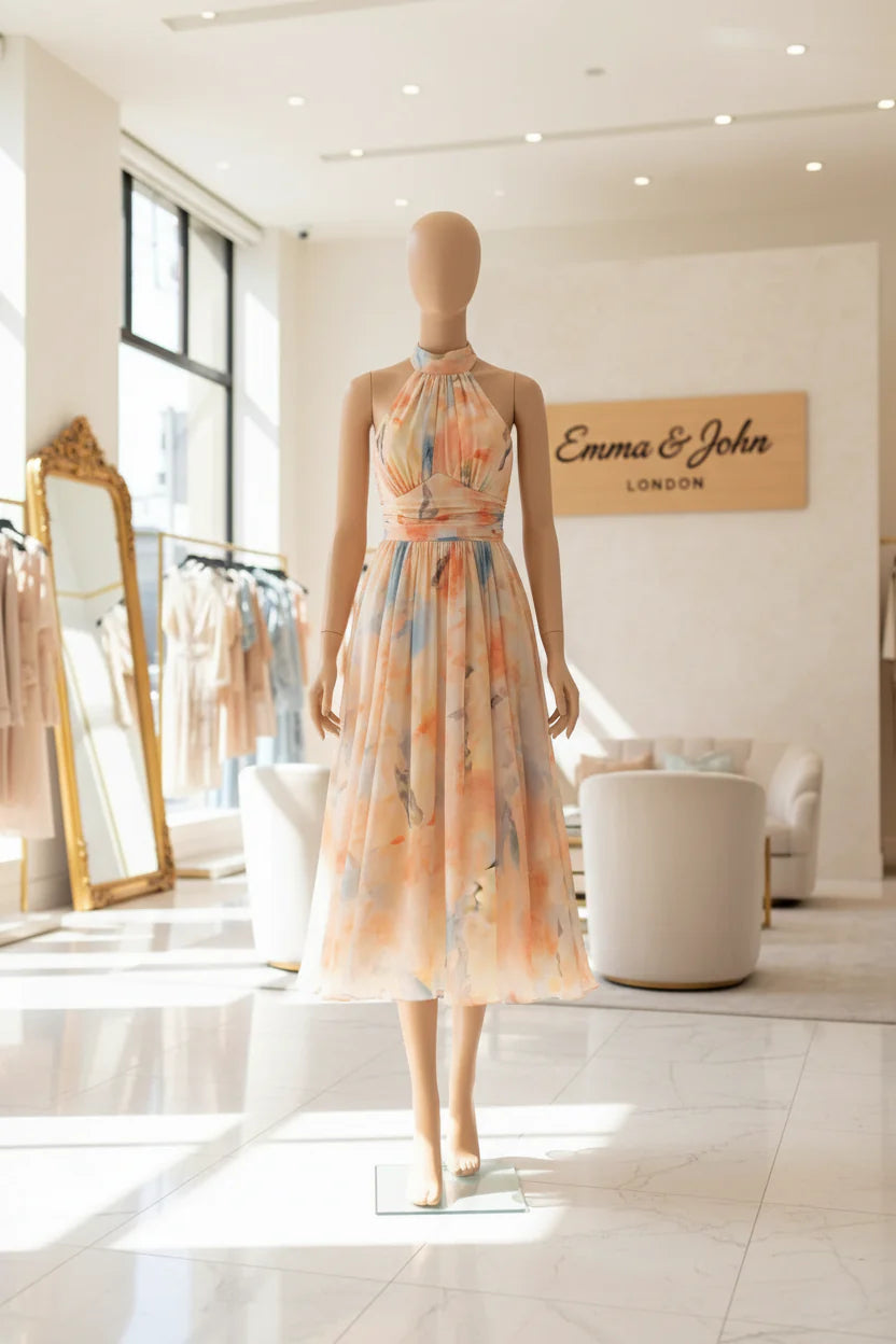 Flowing halter-neck dress in a soft watercolour print with a defined waist.