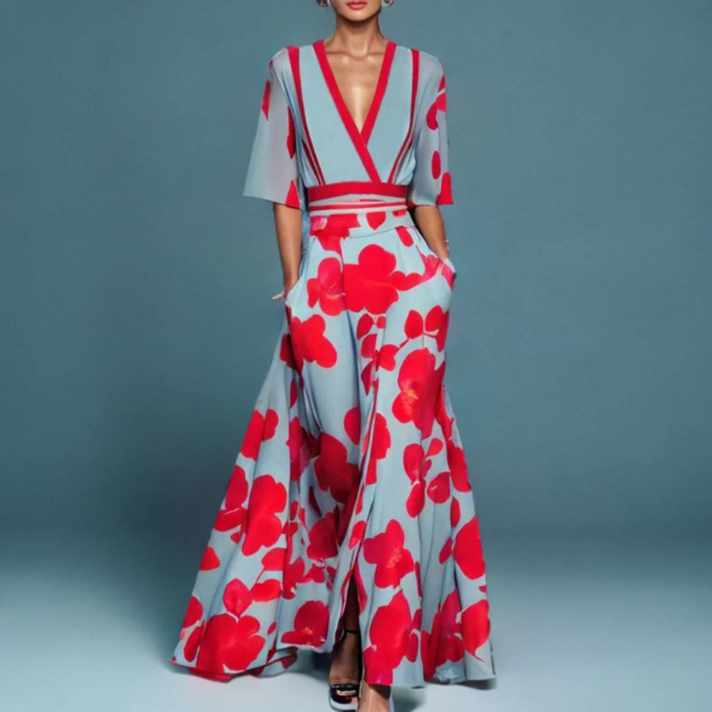 Elegant wrap-front maxi dress with a defined waist and a sweeping skirt.