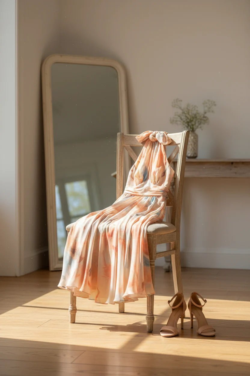 Flowing halter-neck dress in a soft watercolour print with a defined waist.