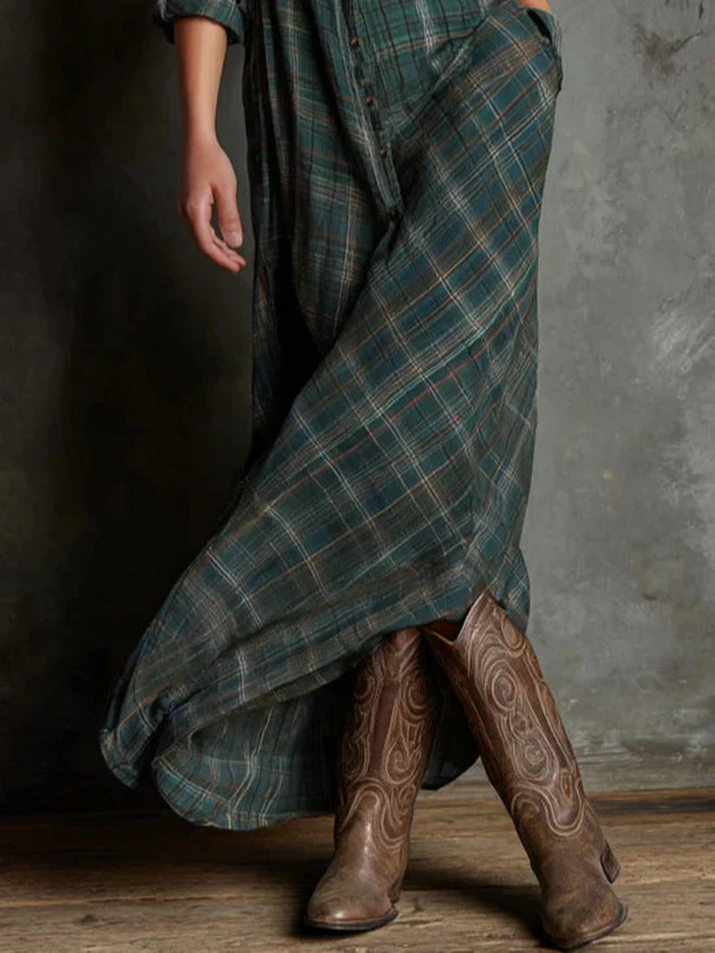 Plaid shirt maxi dress with a lapel collar and single-breasted button front.