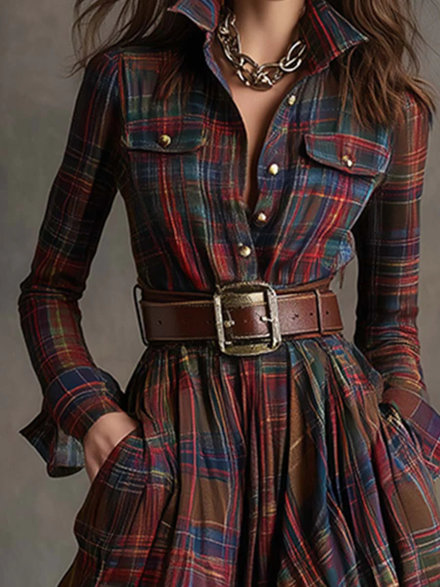 Plaid shirt dress with a button-up bodice, full flowing skirt and matching belt.