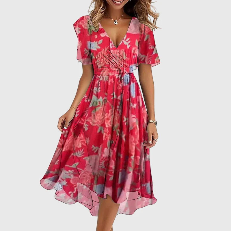 Breezy midi dress with a wrap-effect V-neckline, cinched waist and flutter sleeves.