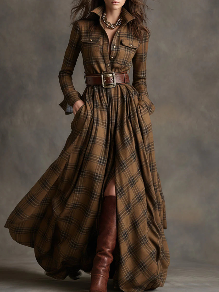 Plaid shirt dress with a button-up bodice, full flowing skirt and matching belt.