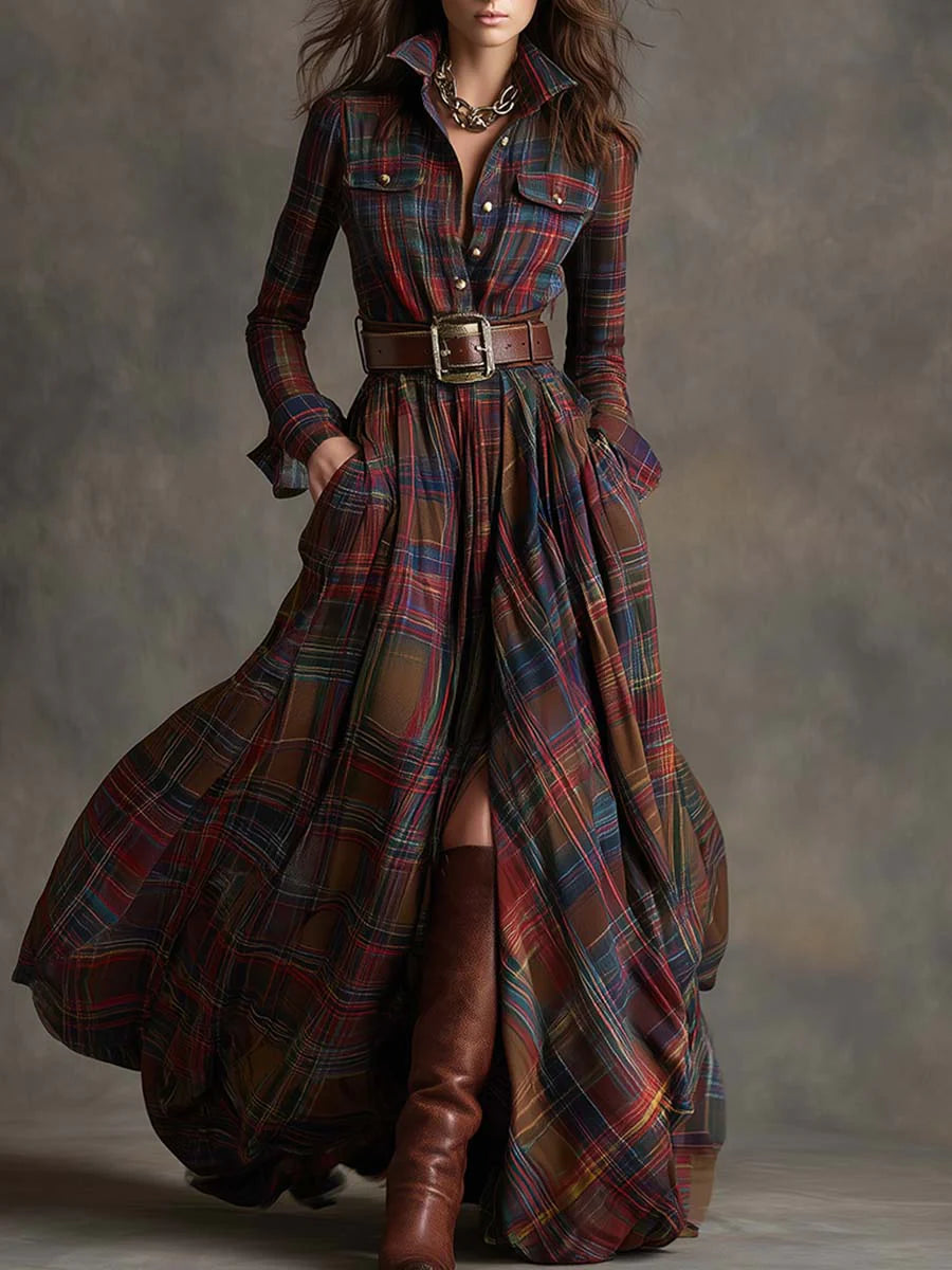 Plaid shirt dress with a button-up bodice, full flowing skirt and matching belt.