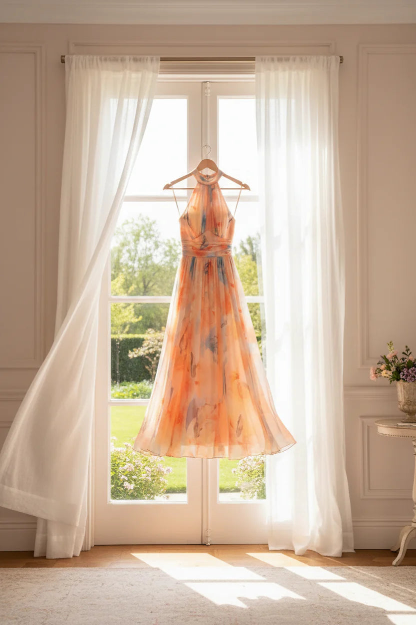 Flowing halter-neck dress in a soft watercolour print with a defined waist.