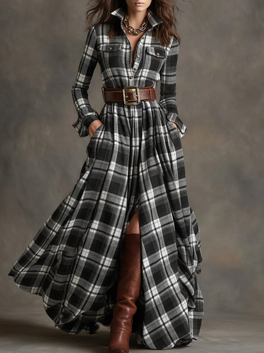 Plaid shirt dress with a button-up bodice, full flowing skirt and matching belt.