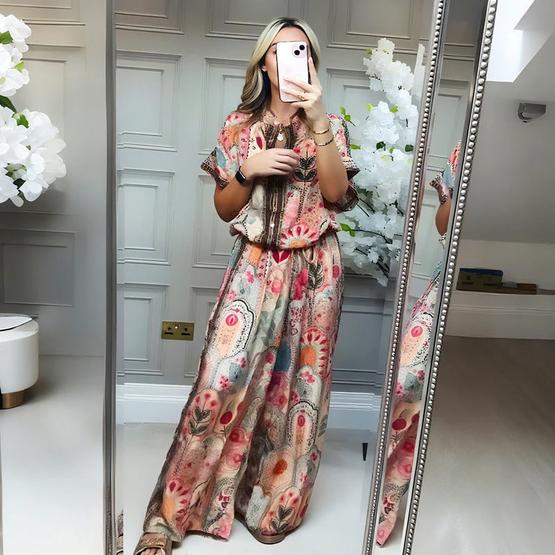 Flowing, long-line dress in a soft, breathable fabric.