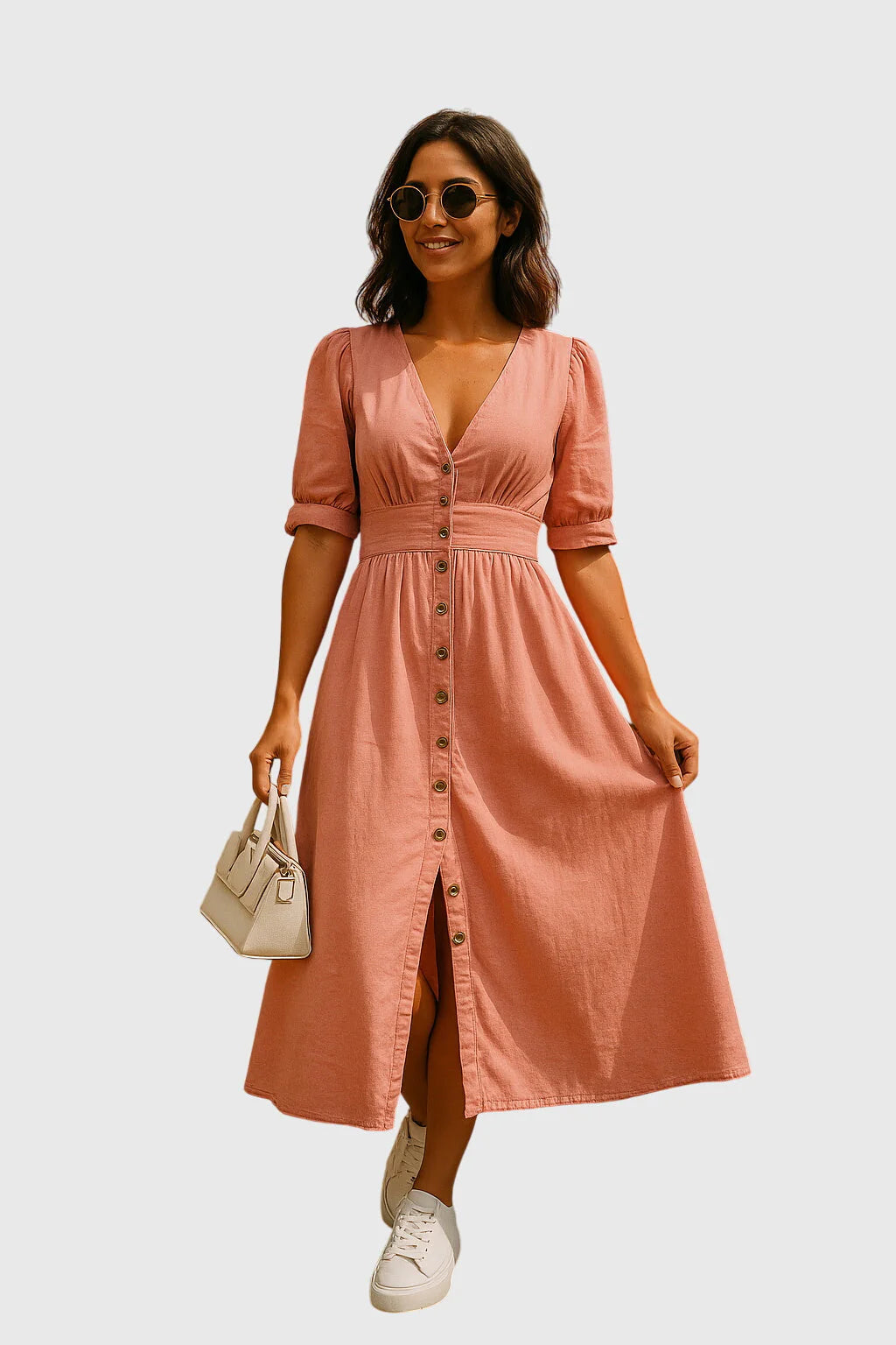 Elevated denim dress with a tailored waist and easy all-day line.
