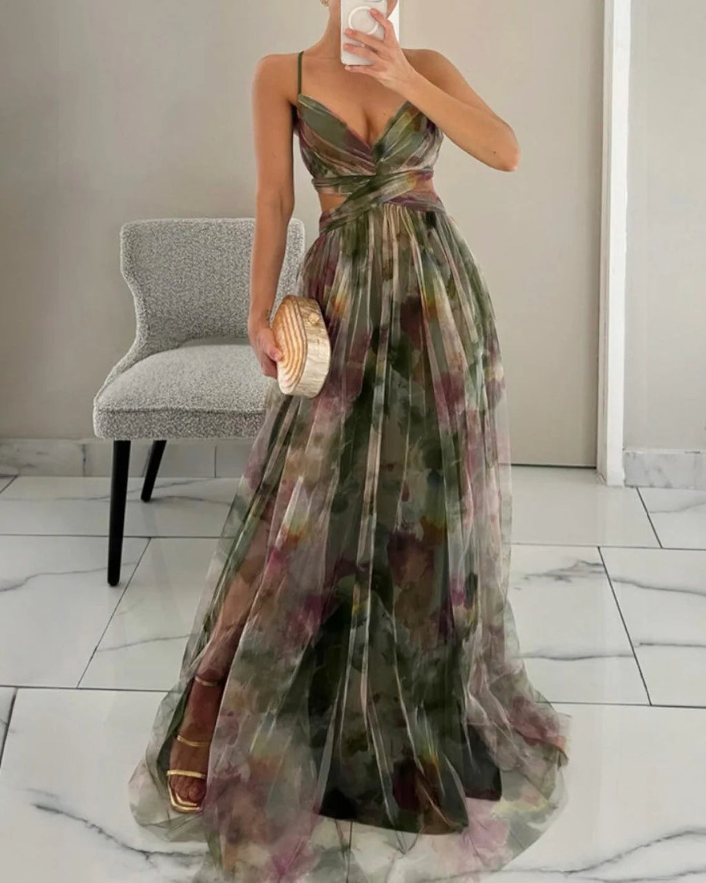 Fluid, romantic dress in a semi-sheer, lightweight construction.