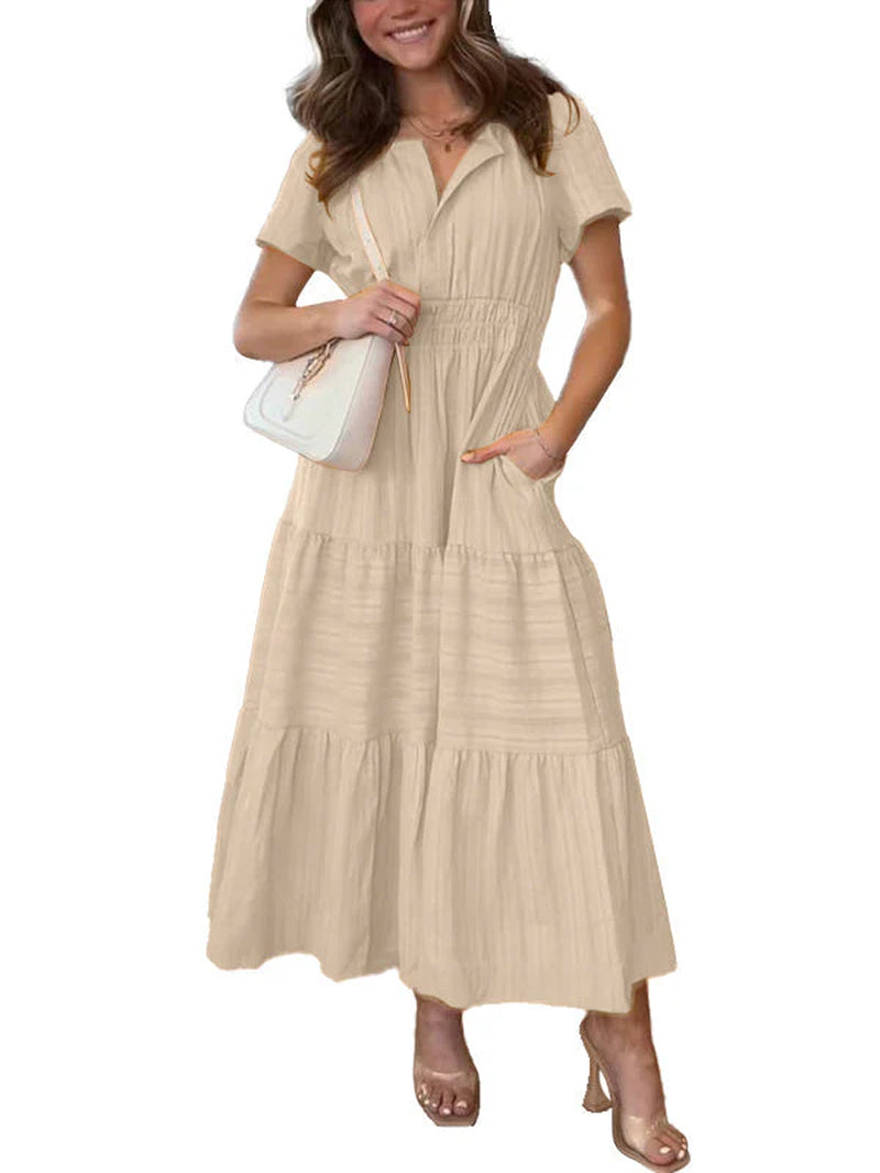 Breezy boho maxi dress in lightweight chiffon with an A-line cut and side pockets.