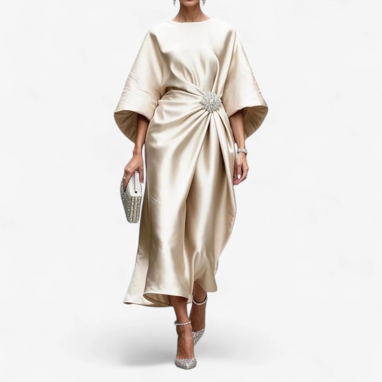 Draped dress in a fluid, satin-like fabric with a gathered waist accent.