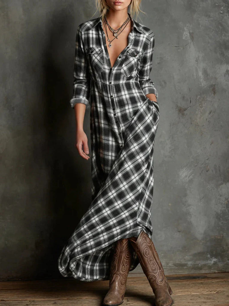 Plaid shirt maxi dress with a lapel collar and single-breasted button front.