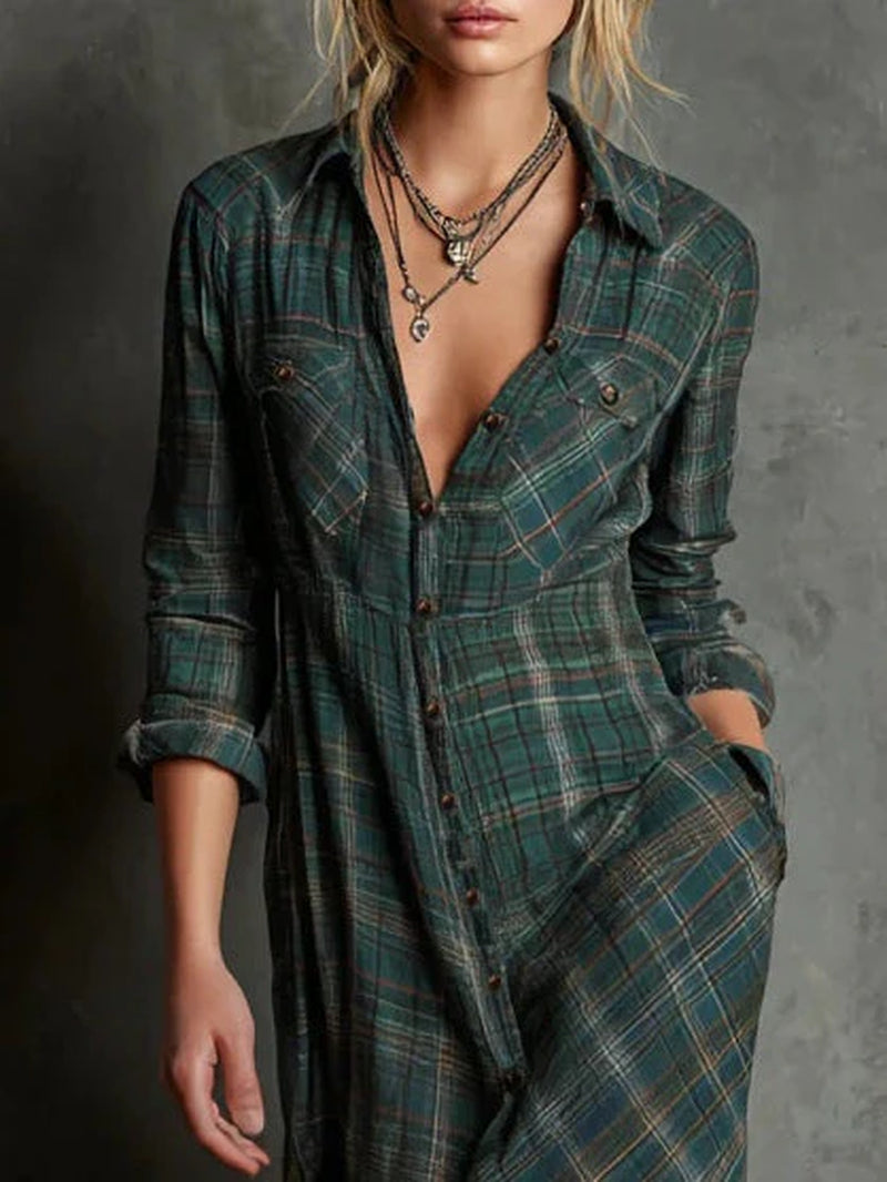 Plaid shirt maxi dress with a lapel collar and single-breasted button front.
