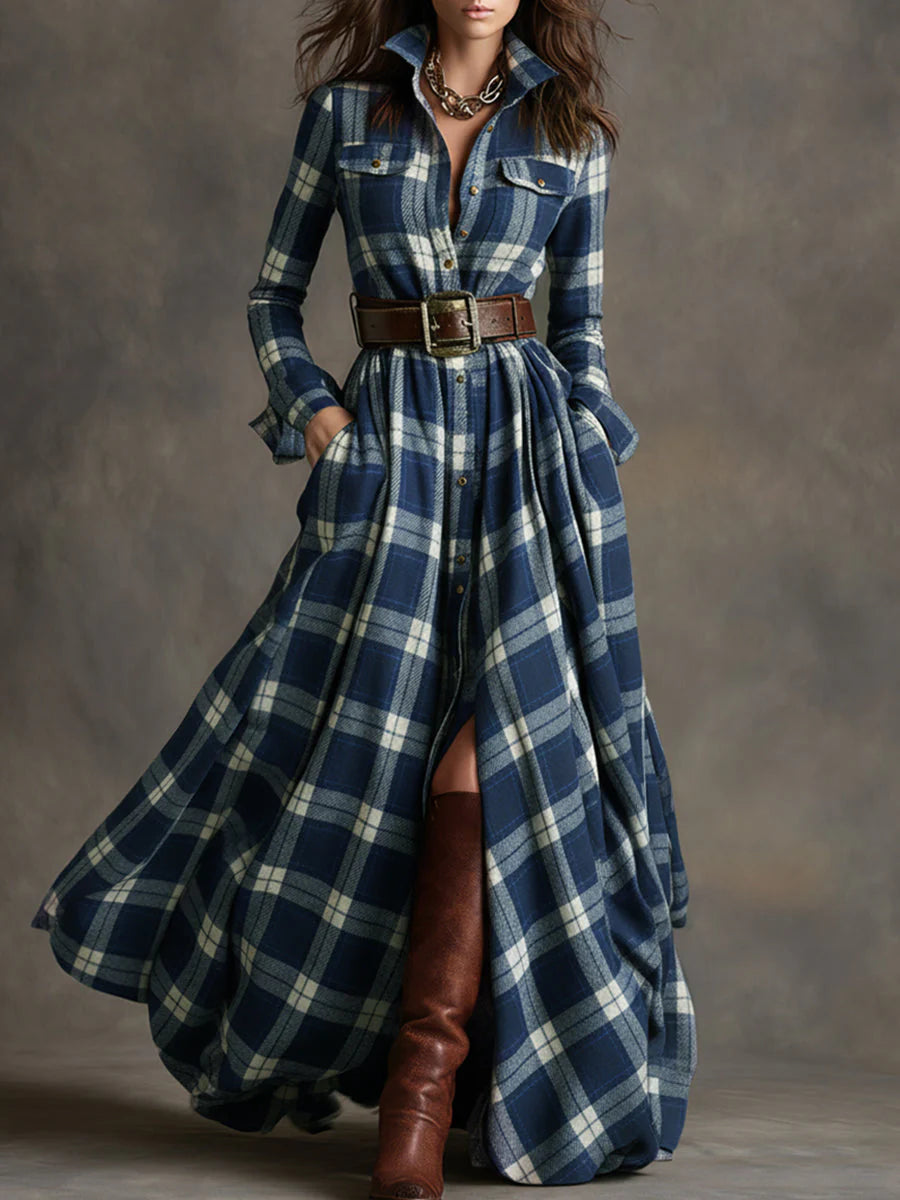 Plaid shirt dress with a button-up bodice, full flowing skirt and matching belt.