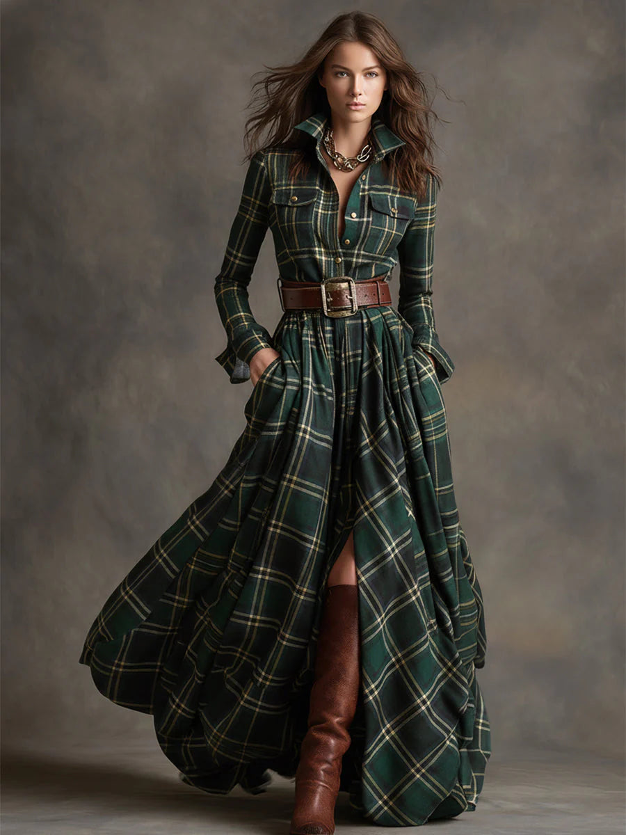 Plaid shirt dress with a button-up bodice, full flowing skirt and matching belt.