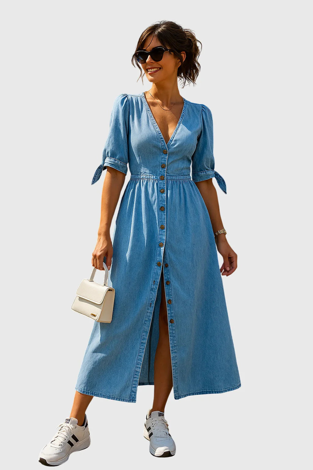 Elevated denim dress with a tailored waist and easy all-day line.