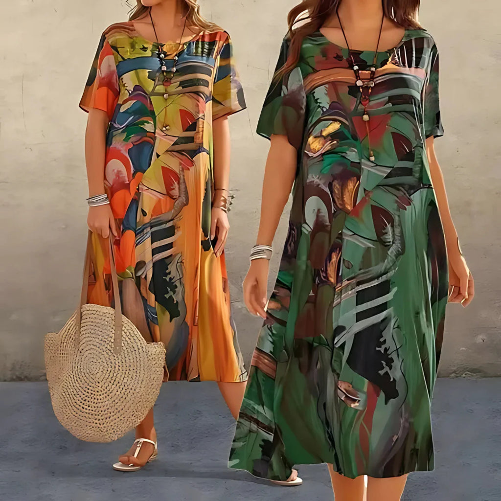 Floral-print dress with a soft, flowing silhouette and airy drape.