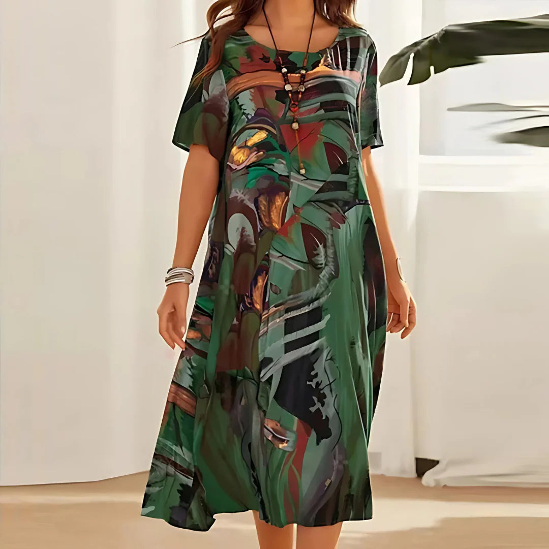 Floral-print dress with a soft, flowing silhouette and airy drape.