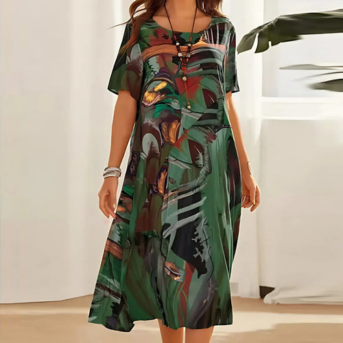 Floral-print dress with a soft, flowing silhouette and airy drape.
