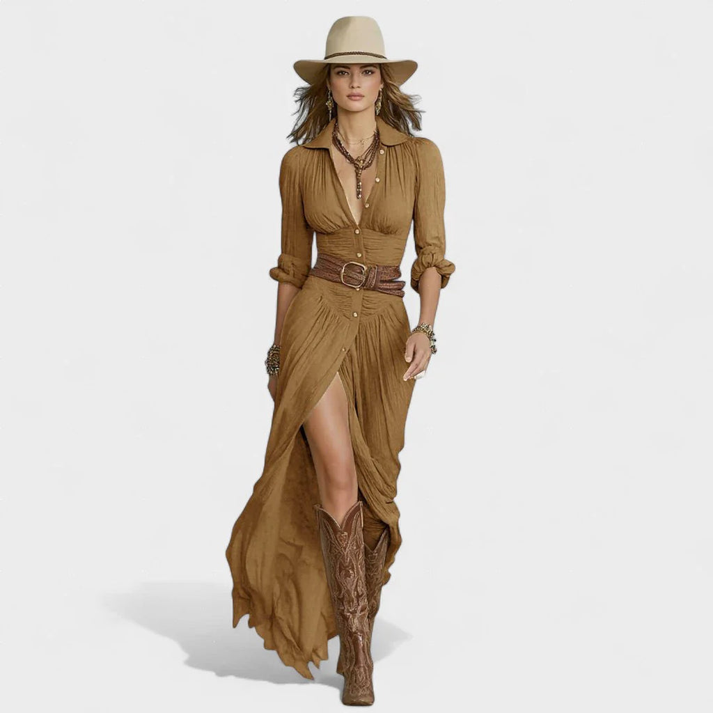 Flowing shirt dress with a cinched waist and fluid movement.