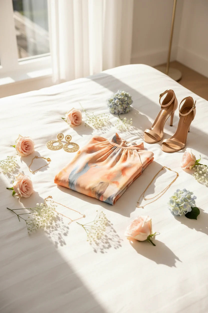 Flowing halter-neck dress in a soft watercolour print with a defined waist.