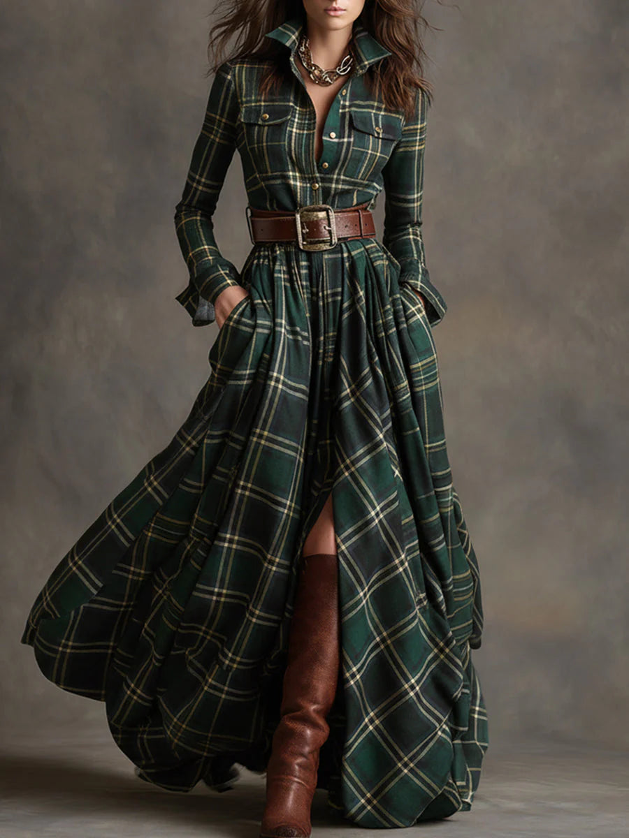 Plaid shirt dress with a button-up bodice, full flowing skirt and matching belt.