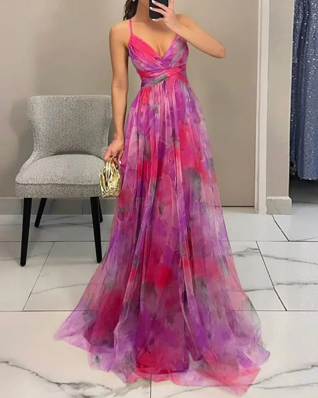 Fluid, romantic dress in a semi-sheer, lightweight construction.