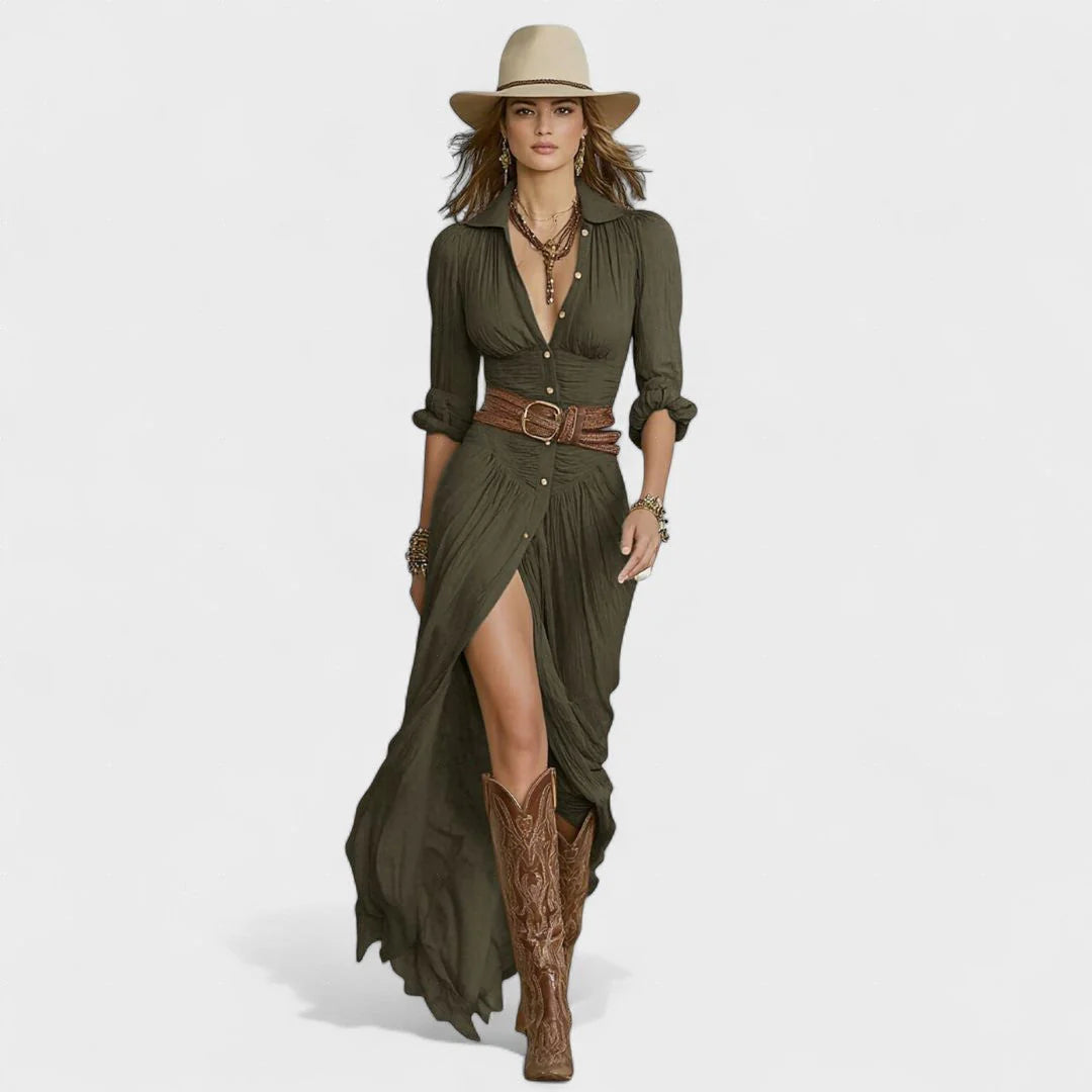 Flowing shirt dress with a cinched waist and fluid movement.