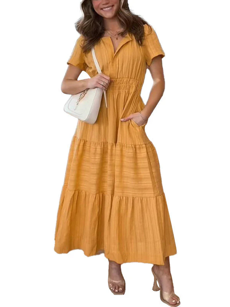 Breezy boho maxi dress in lightweight chiffon with an A-line cut and side pockets.