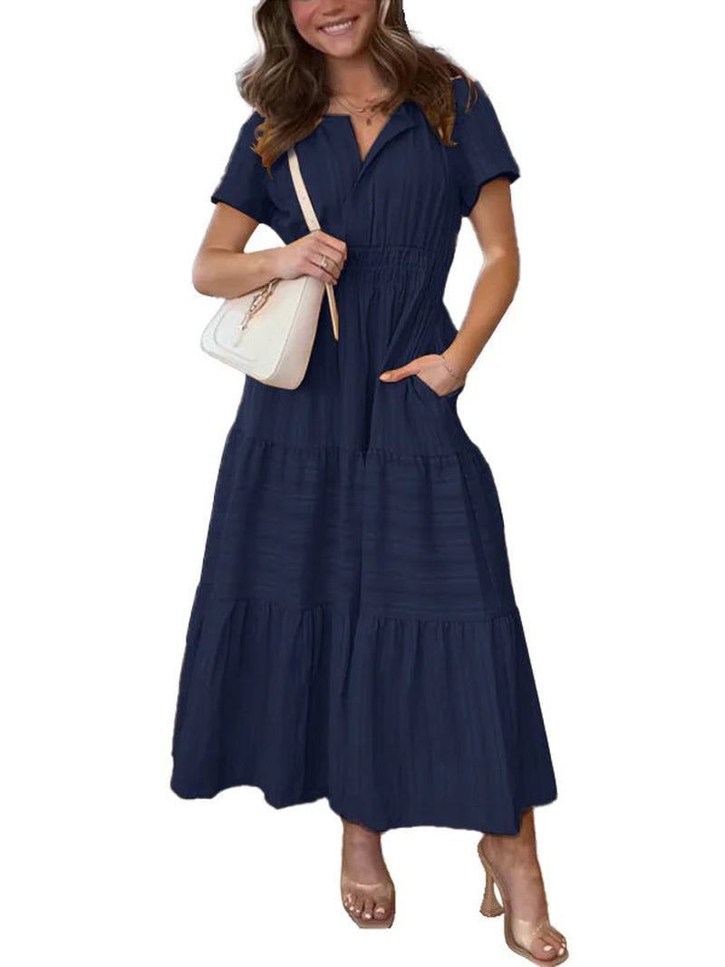 Breezy boho maxi dress in lightweight chiffon with an A-line cut and side pockets.