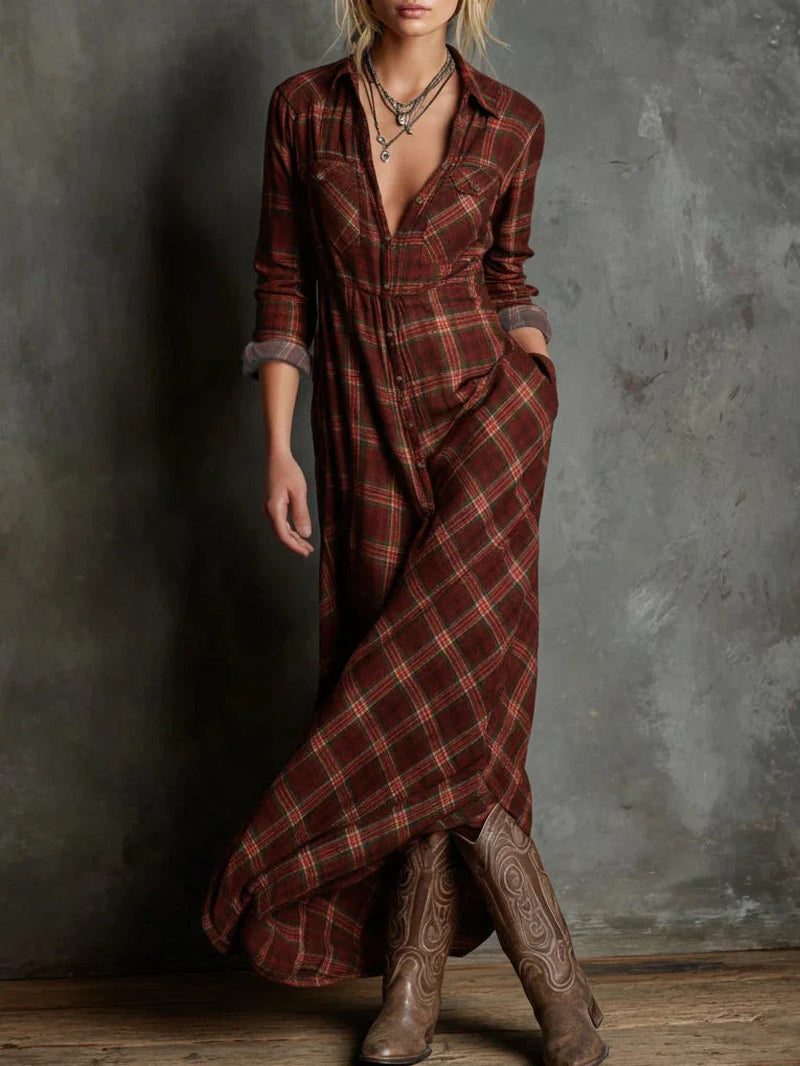 Plaid shirt maxi dress with a lapel collar and single-breasted button front.
