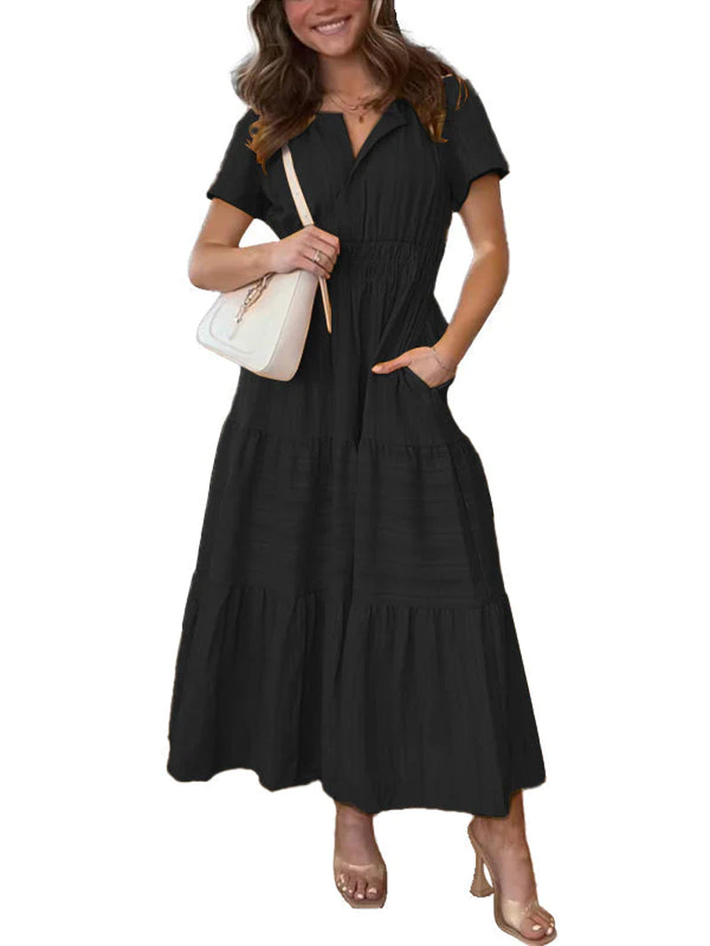Breezy boho maxi dress in lightweight chiffon with an A-line cut and side pockets.