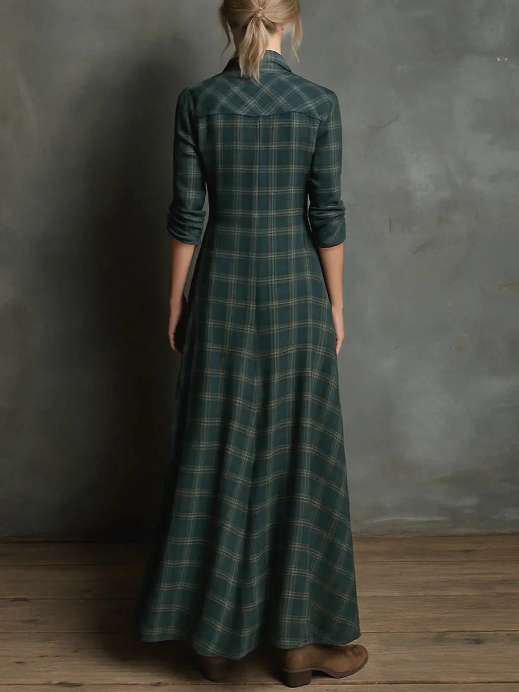 Plaid shirt maxi dress with a lapel collar and single-breasted button front.