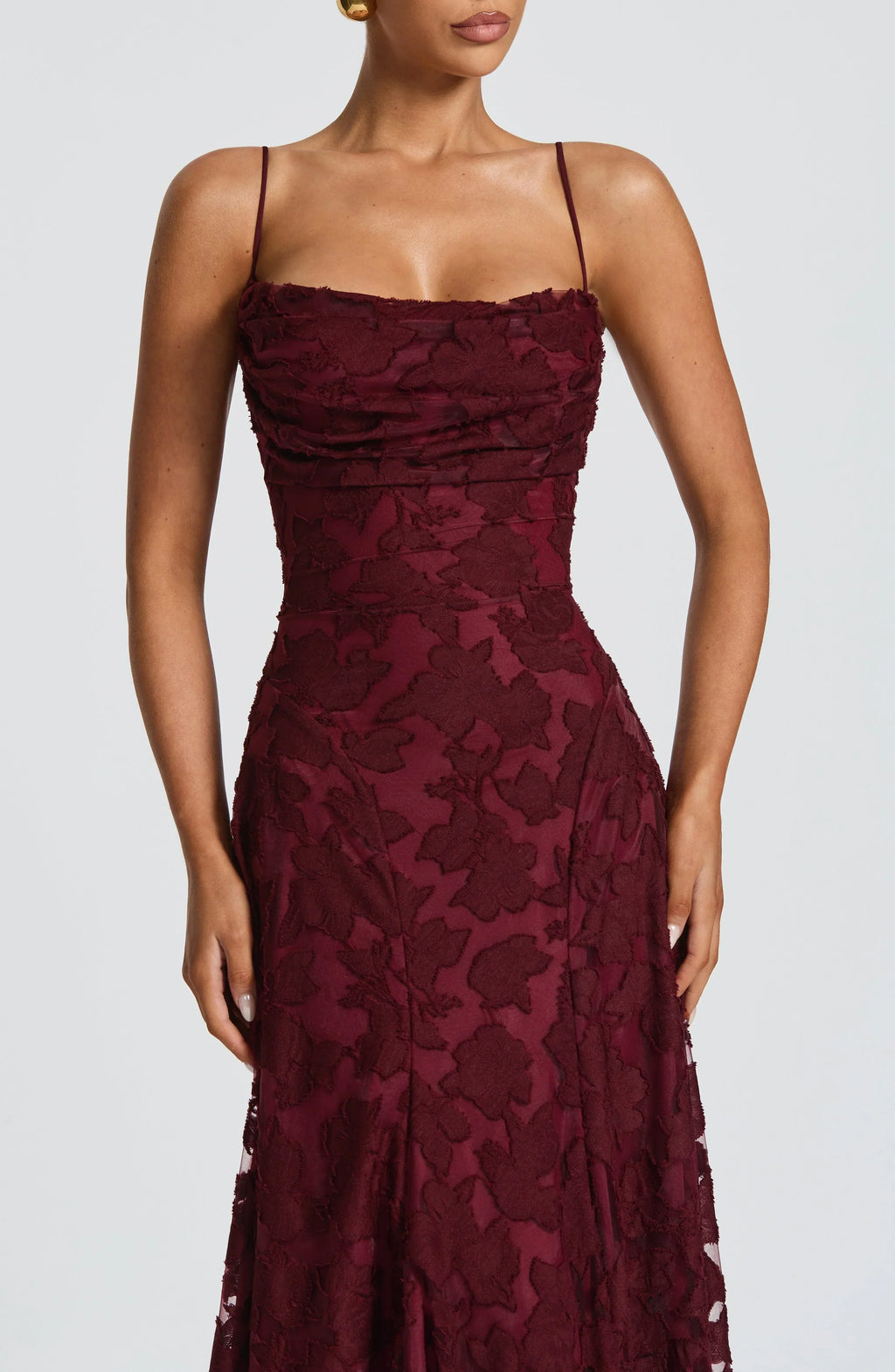 Refined dress in soft, subtly lustrous fabric with a fitted, flowing cut.