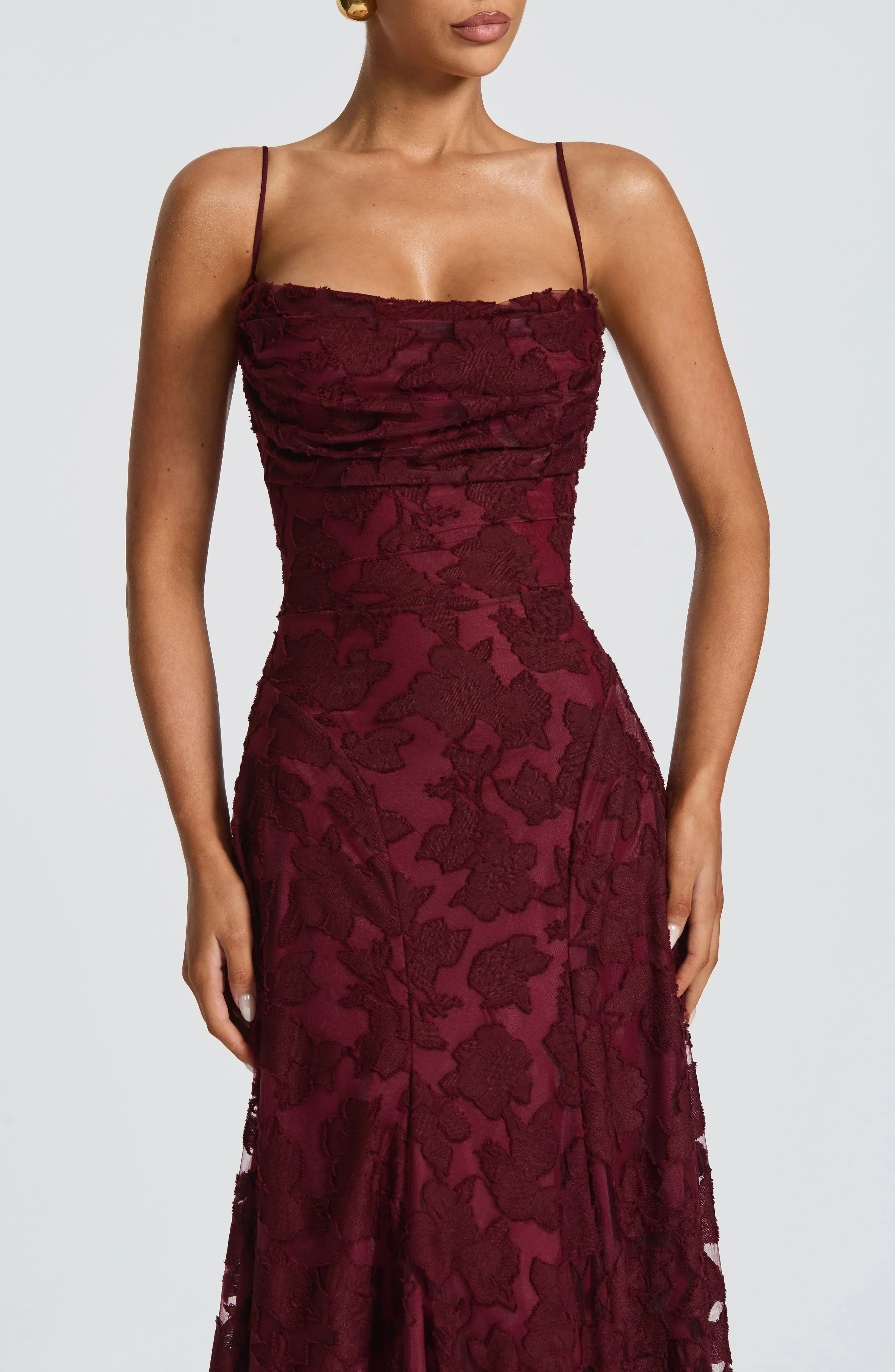 Refined dress in soft, subtly lustrous fabric with a fitted, flowing cut.