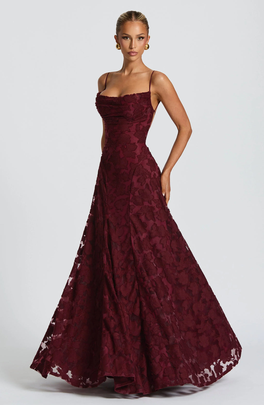 Refined dress in soft, subtly lustrous fabric with a fitted, flowing cut.