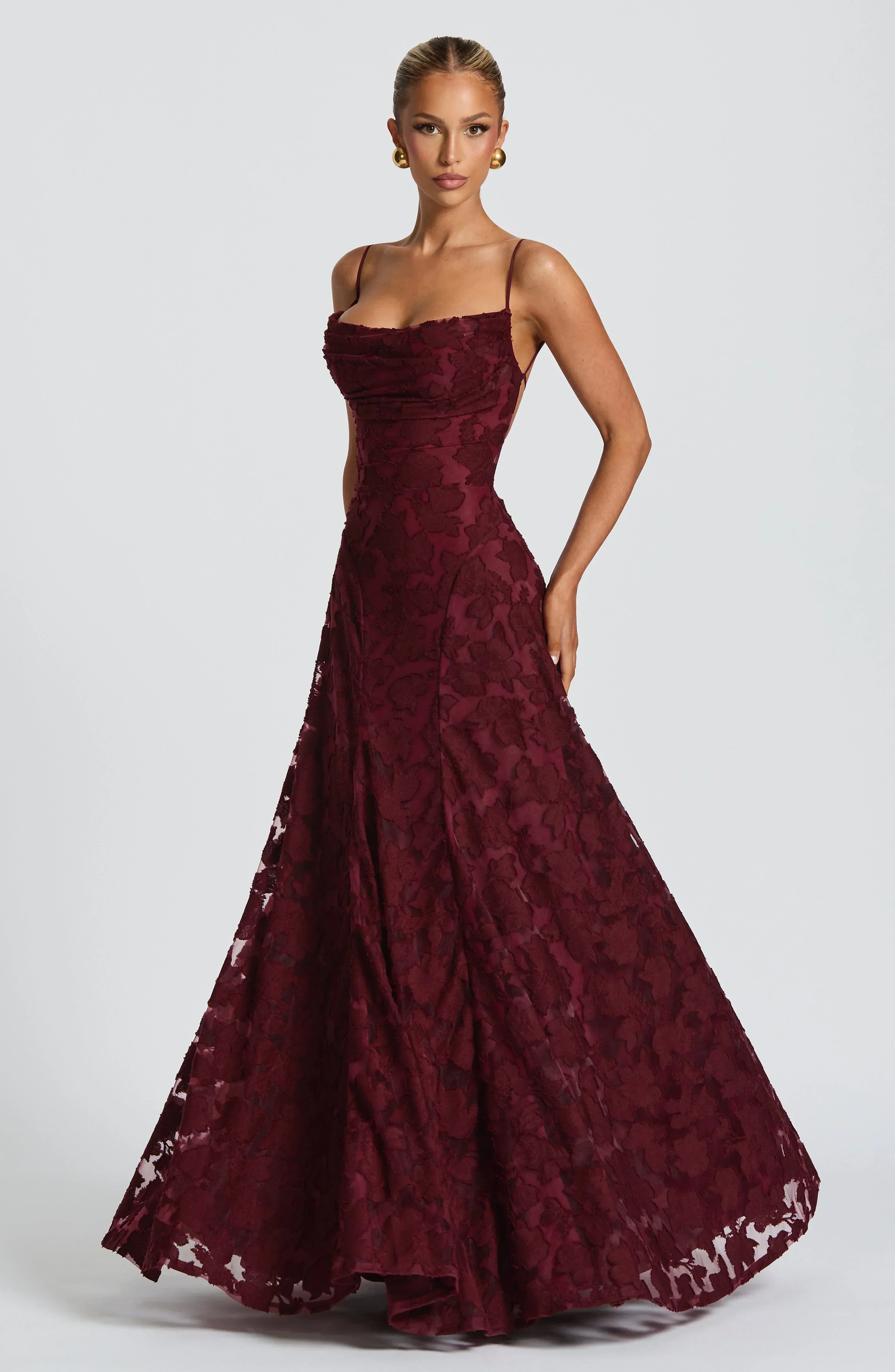 Refined dress in soft, subtly lustrous fabric with a fitted, flowing cut.