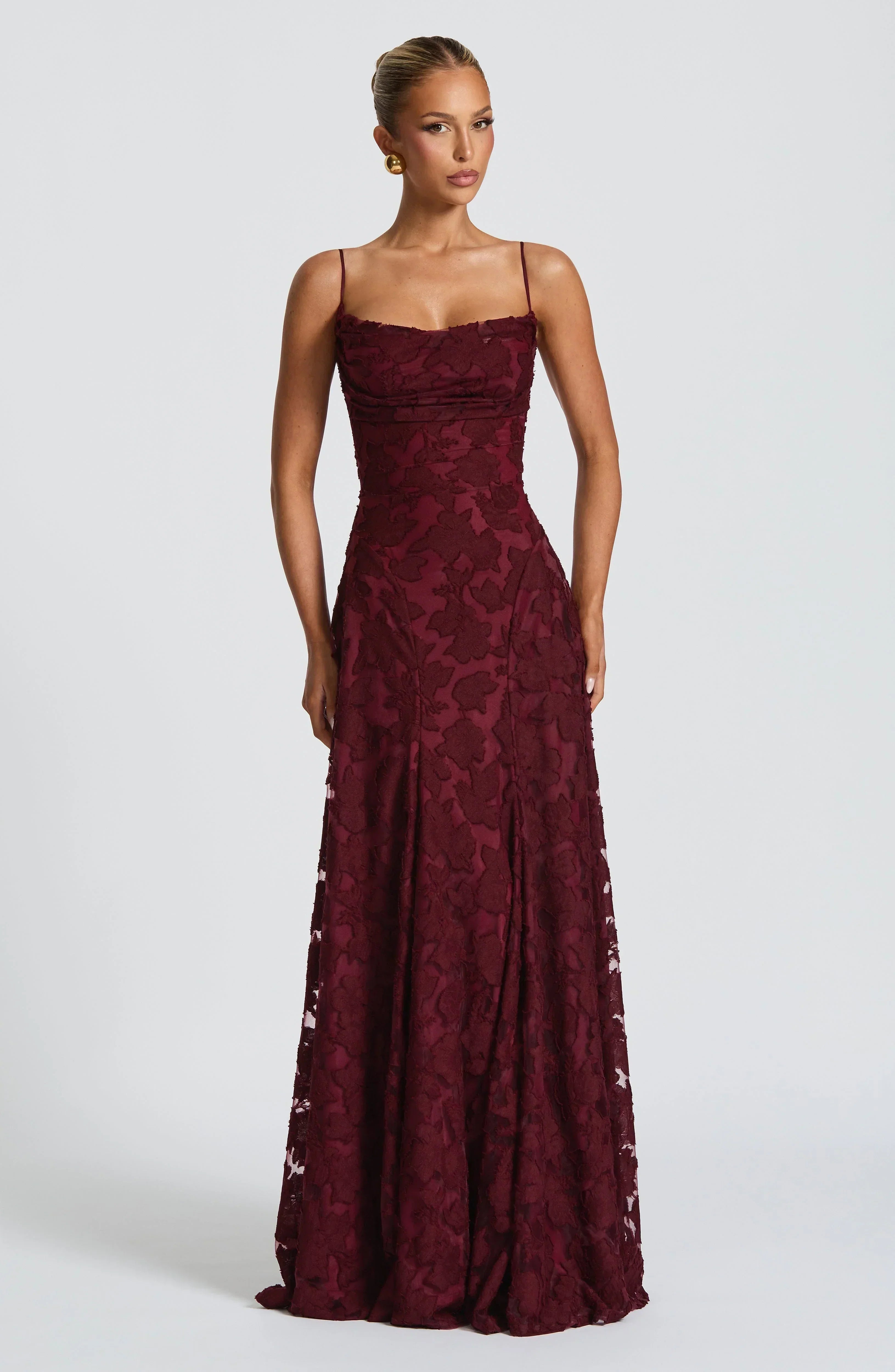 Refined dress in soft, subtly lustrous fabric with a fitted, flowing cut.