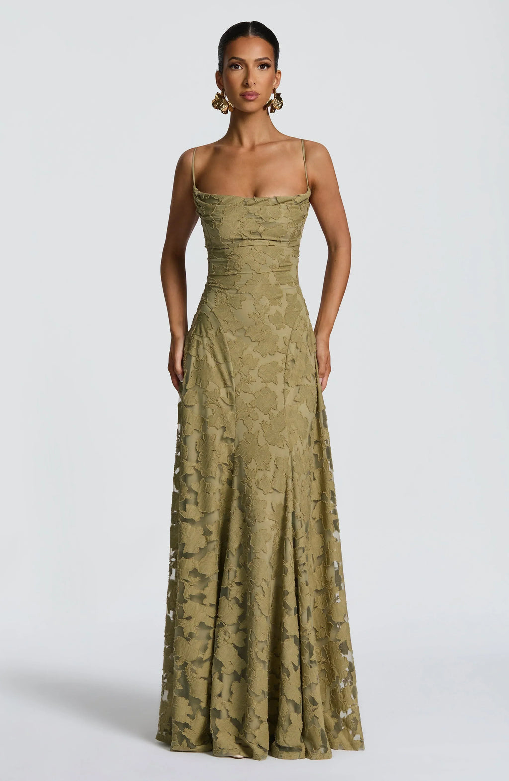Refined dress in soft, subtly lustrous fabric with a fitted, flowing cut.