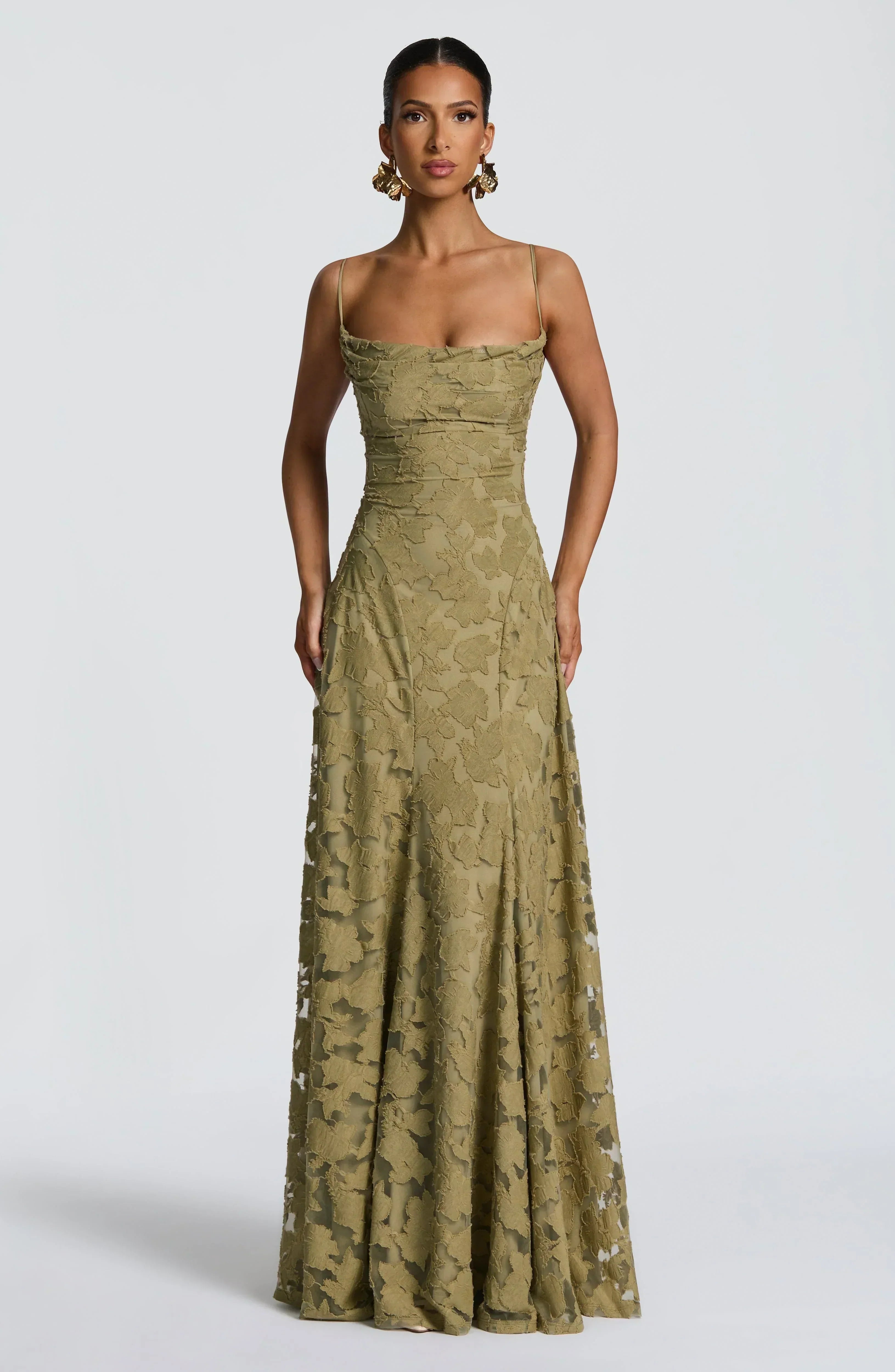 Refined dress in soft, subtly lustrous fabric with a fitted, flowing cut.