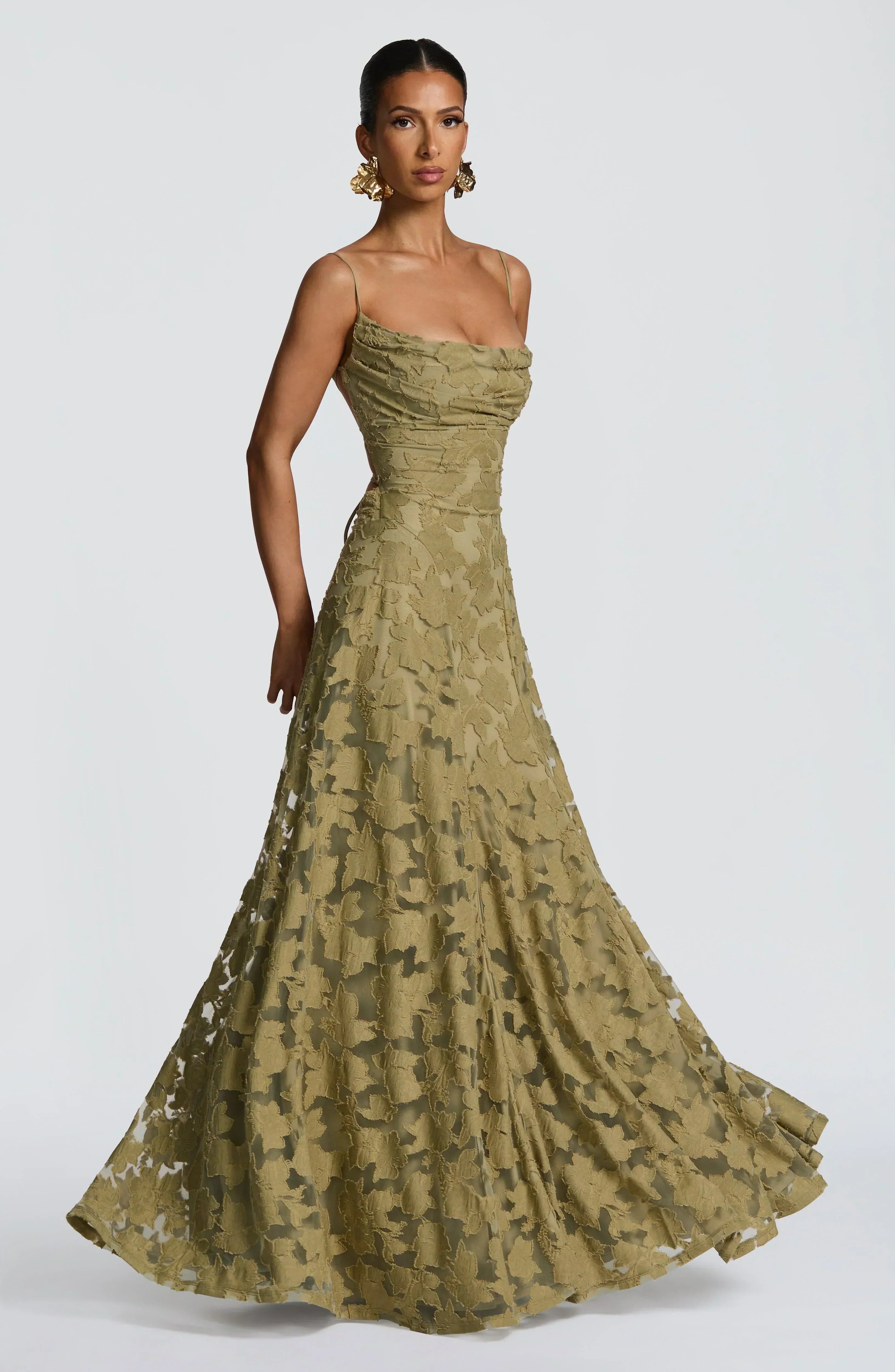 Refined dress in soft, subtly lustrous fabric with a fitted, flowing cut.