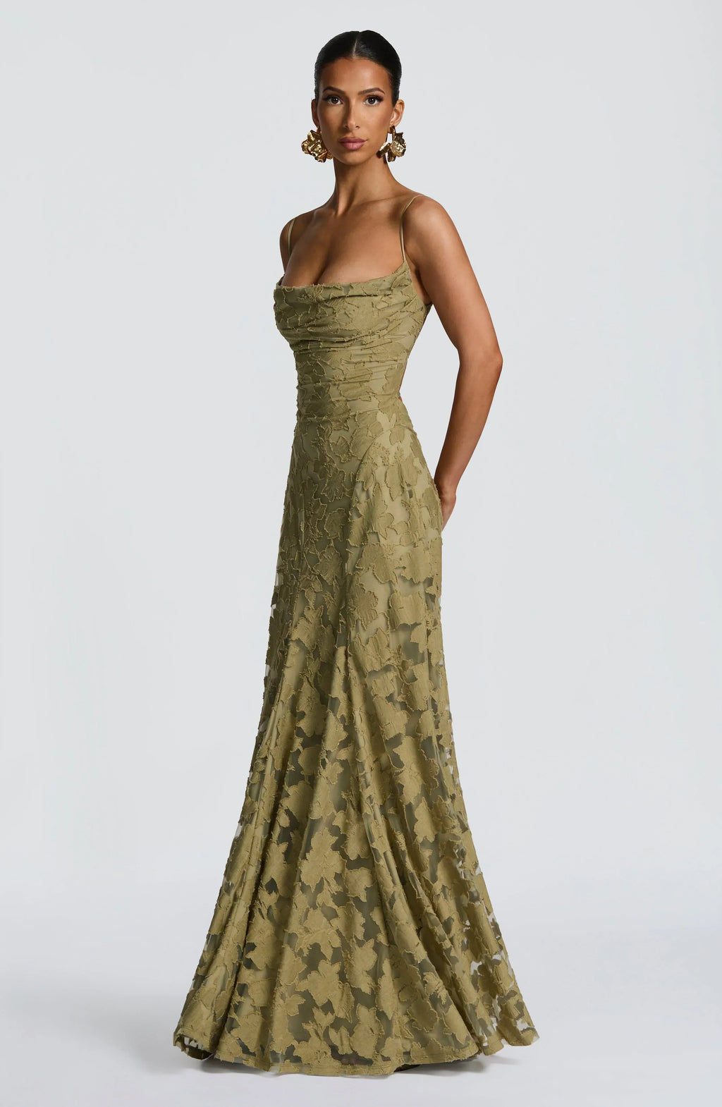 Refined dress in soft, subtly lustrous fabric with a fitted, flowing cut.